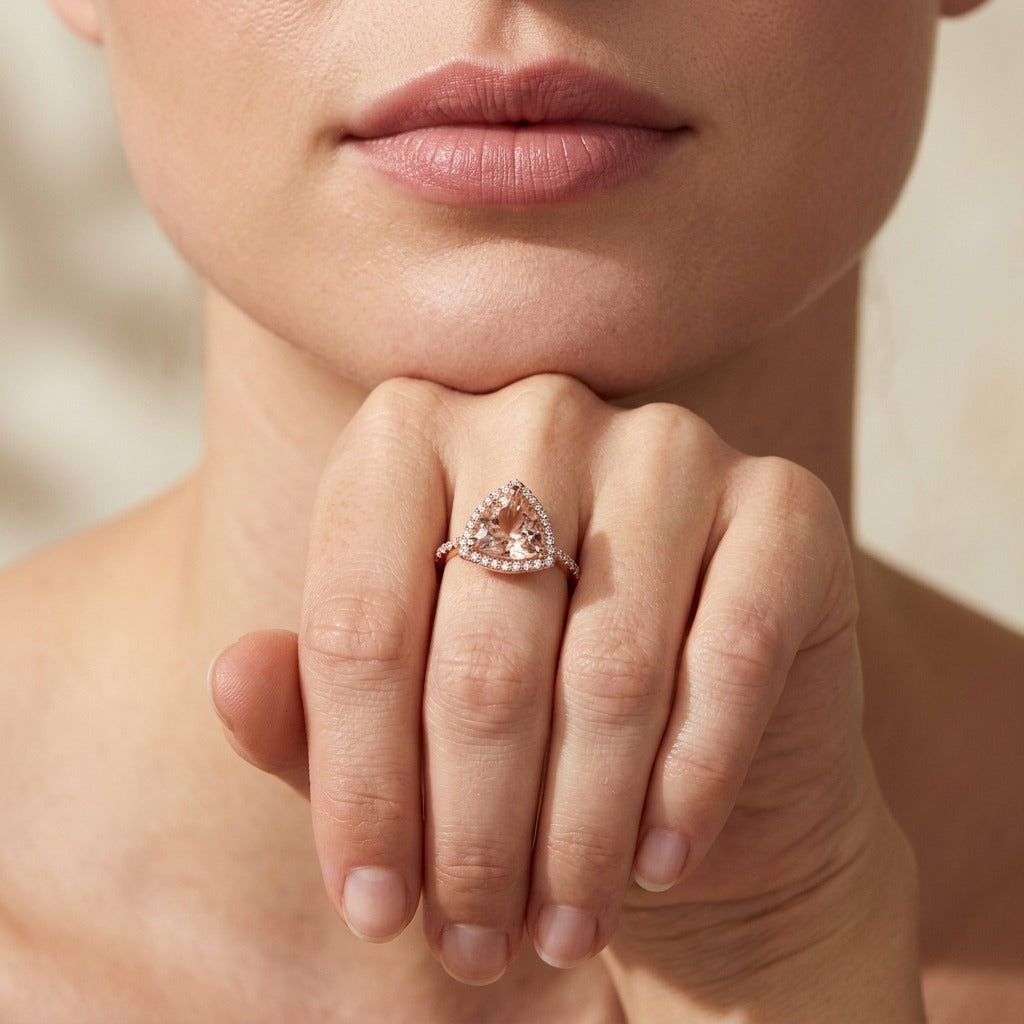 Trillion Morganite Ring | 2ct with Diamond Halo & Band