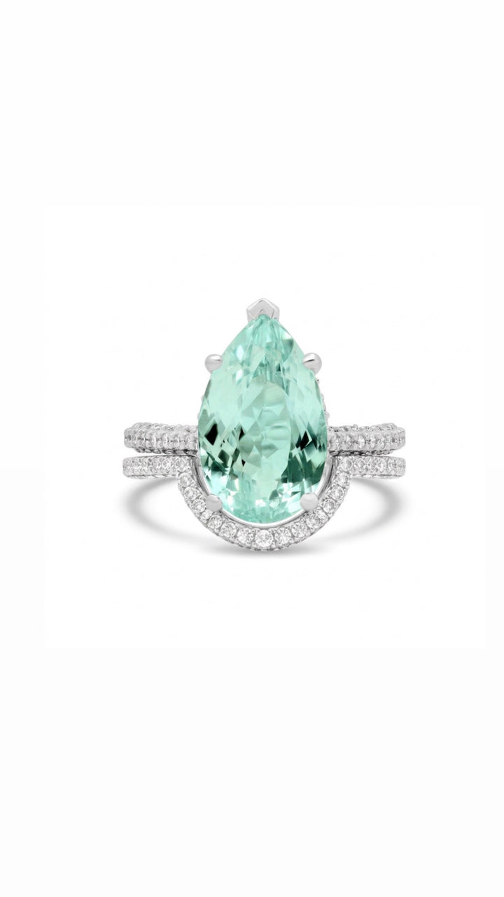 Aquamarine Birthstone Ring | Pear Cut w/ Double Halo | March