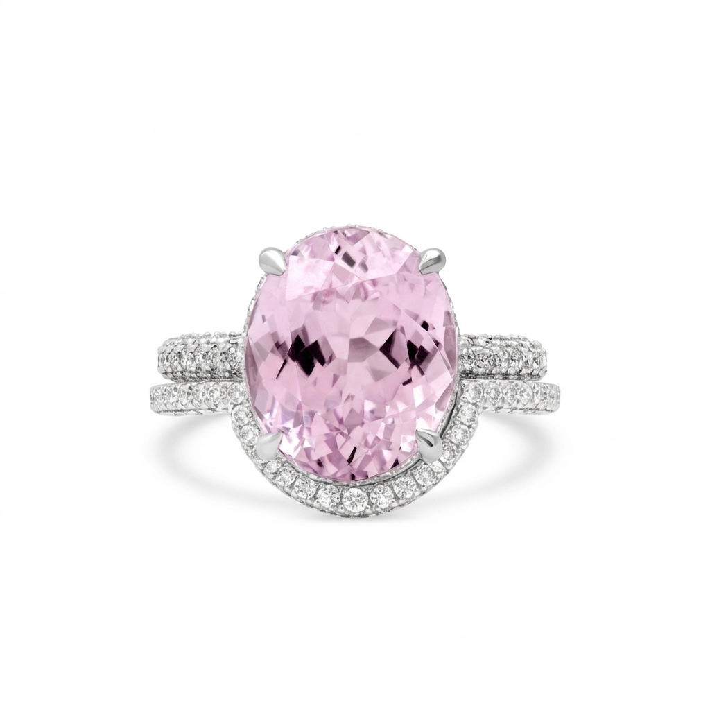 GIA Certified Kunzite Ring | 6.66 ct Oval with Diamond Halo