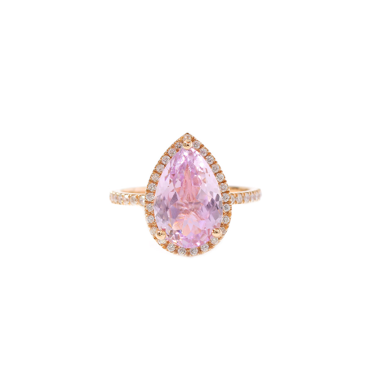 Pear shape kunzite diamond halo ring 4.27 ct 14k gold
