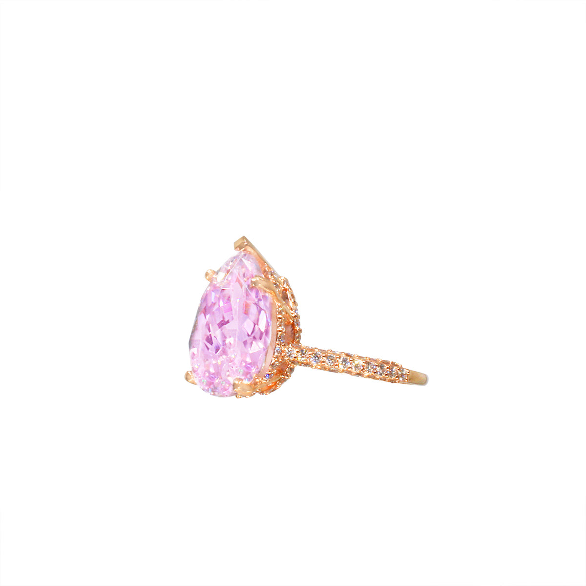 “Kunzite Halo Ring close-up – pear shape lavender kunzite stone in rose gold”