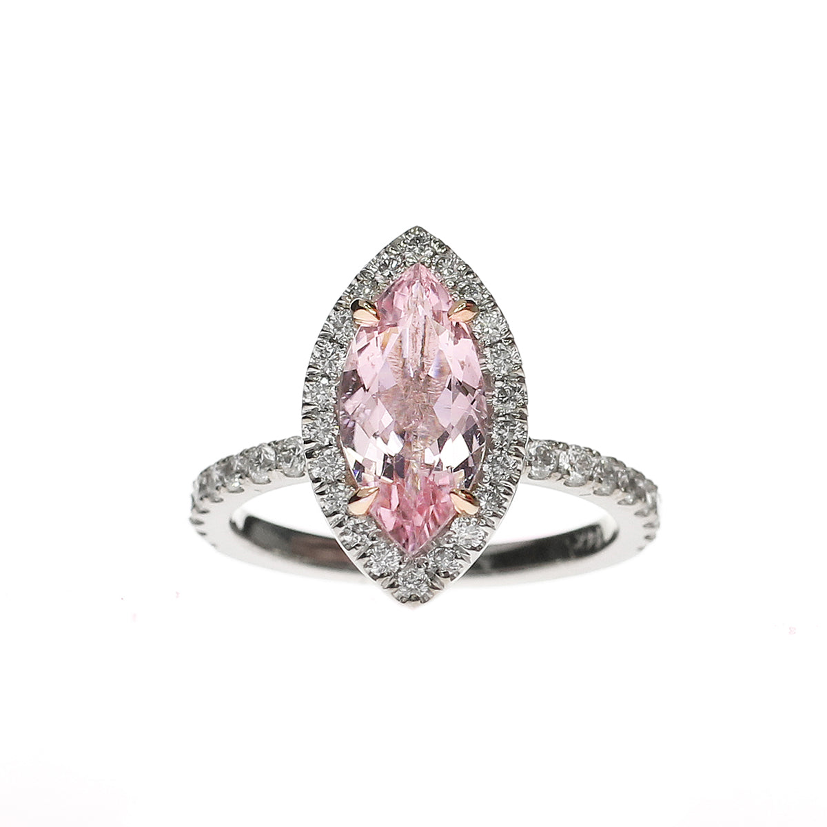 Marquise Cut Morganite Ring – 1.38 Ct Diamond Halo in 14K Gold