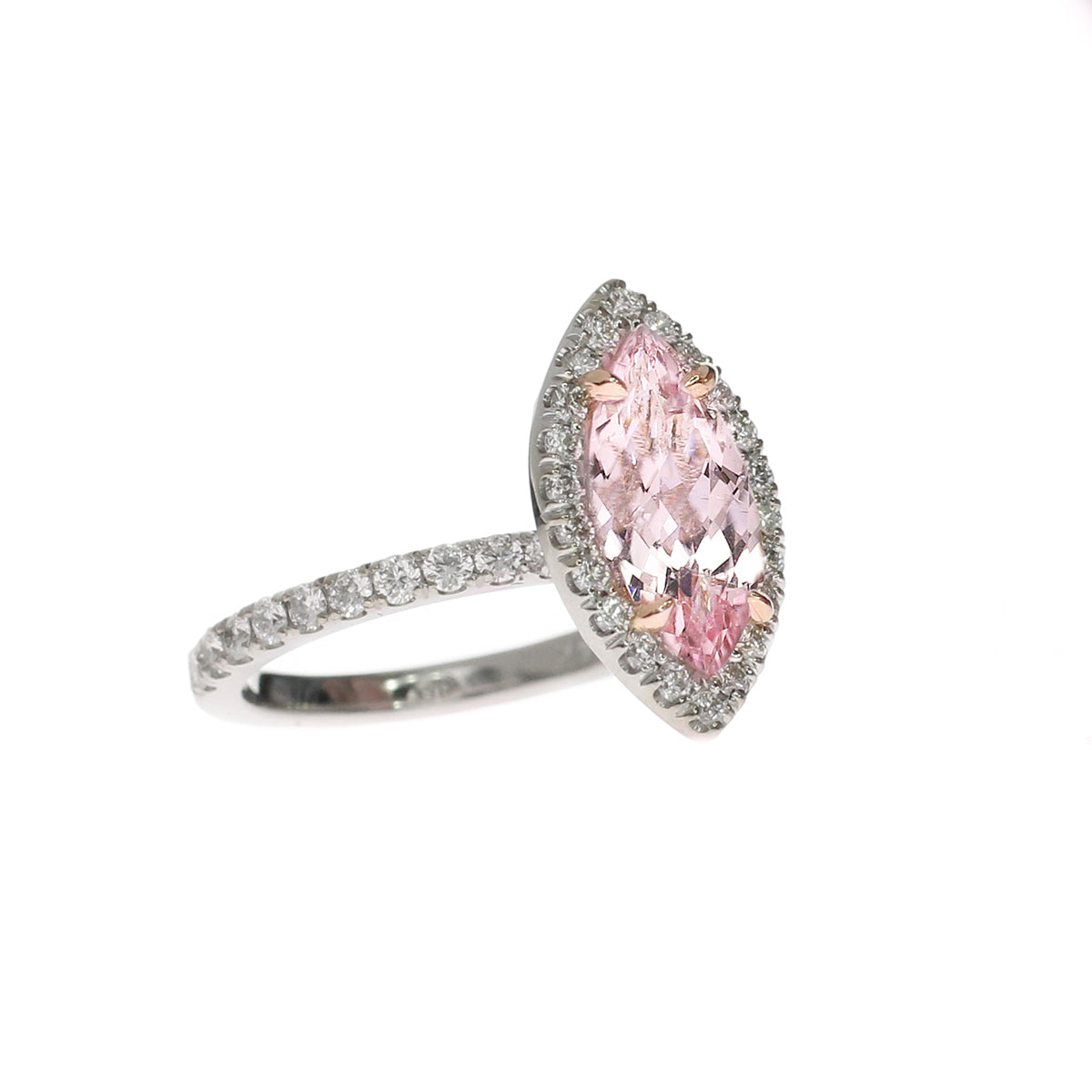 Marquise Cut Morganite Ring – 1.38 Ct Diamond Halo in 14K Gold