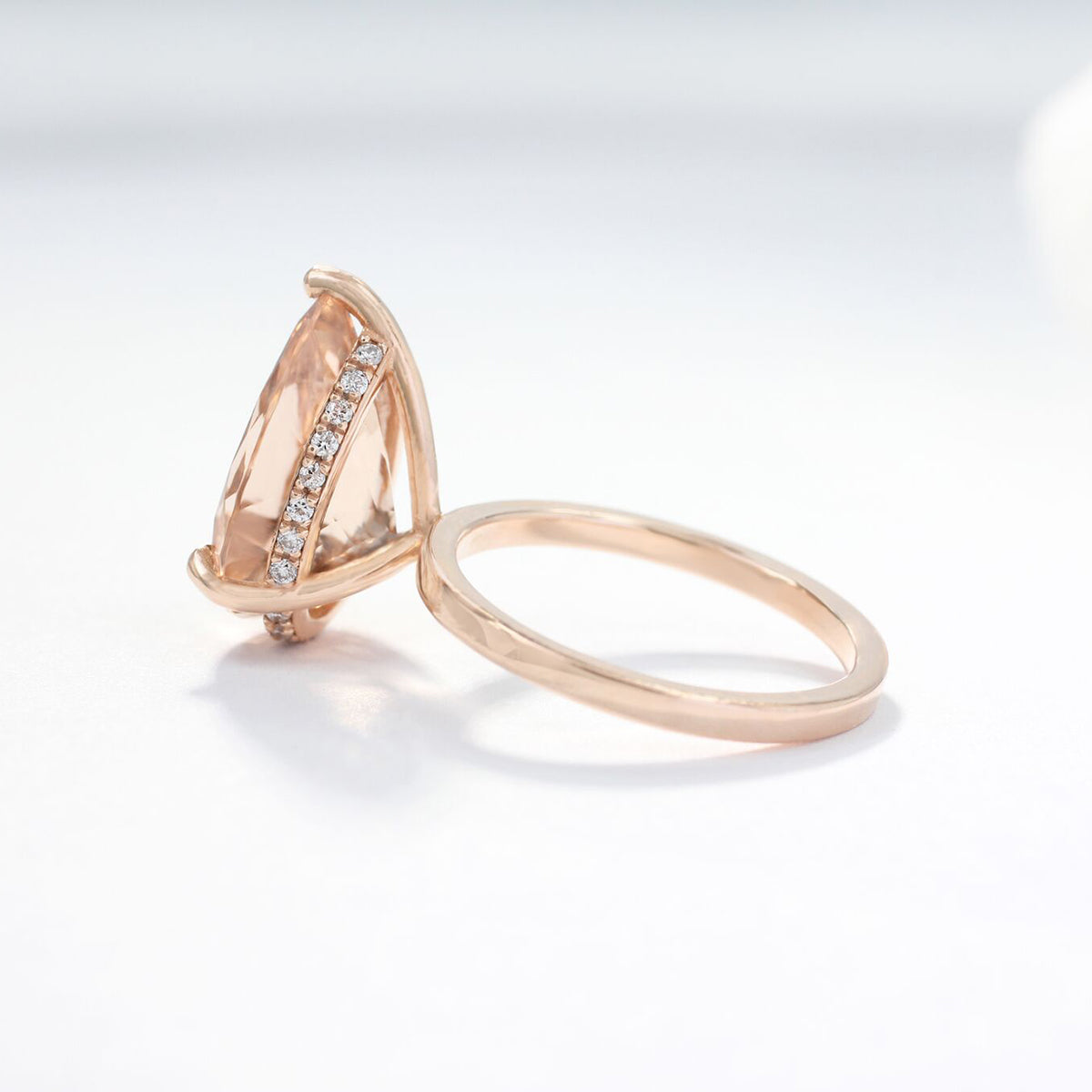 Peach Morganite Side Diamond Halo Ring / Diamond Hidden Halo Ring / Engagement Rings / Statement Rings / Elegant Ring for Her