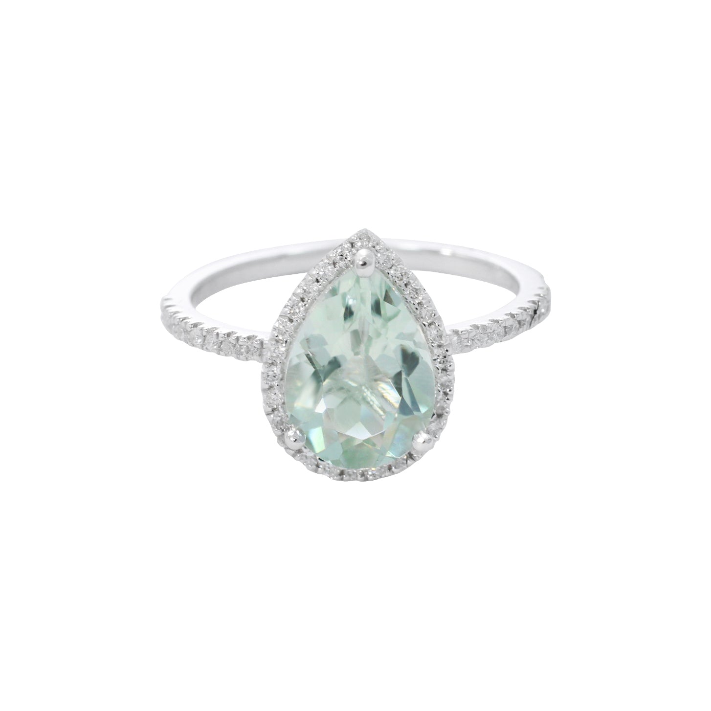 Green amethyst diamond halo ring 2 ct pear shape