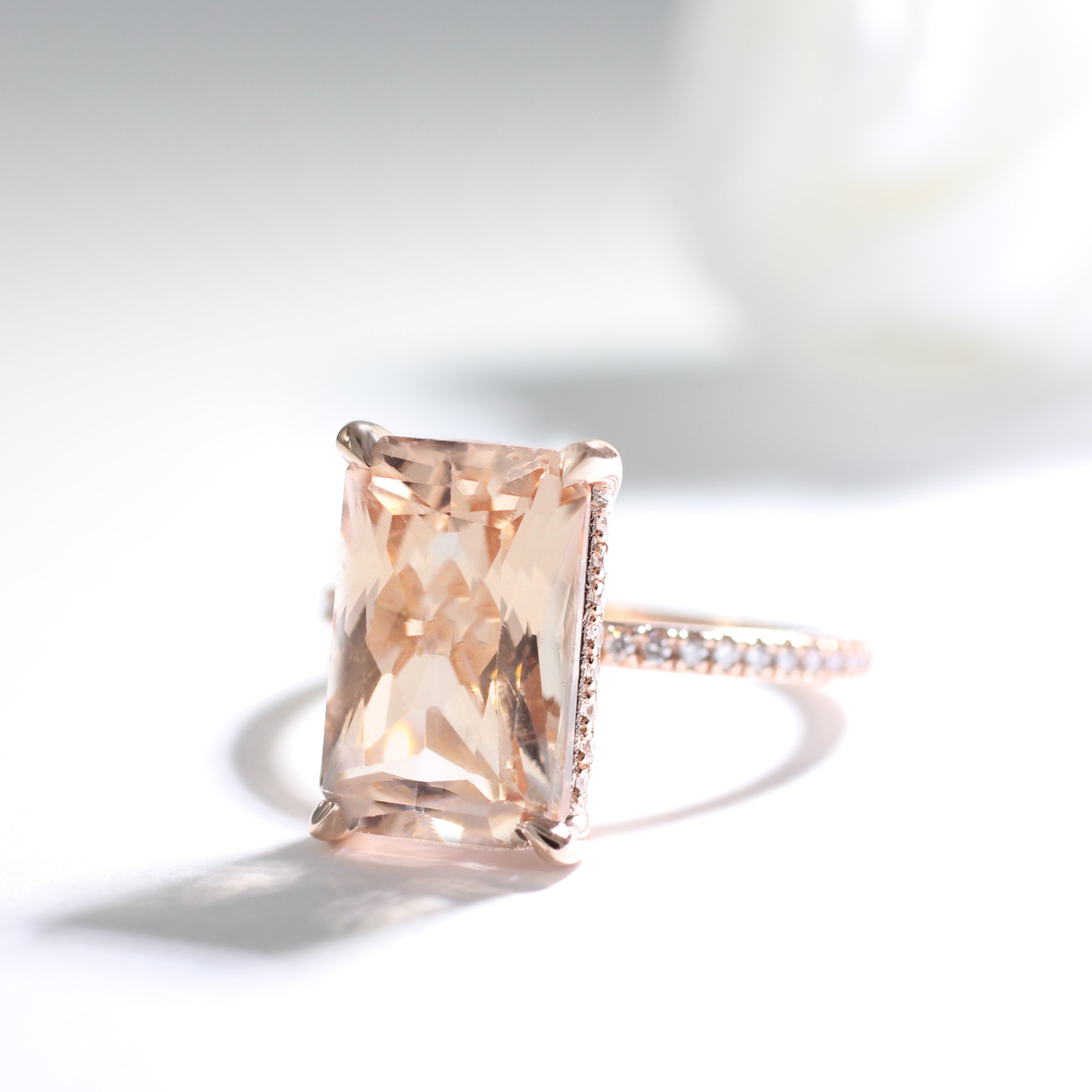 Elongated Morganite Diamond Ring – 5 Ct Emerald Cut in 14K Gold