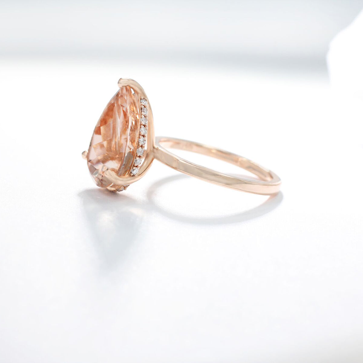 Peach Morganite Side Diamond Halo Ring / Diamond Hidden Halo Ring / Engagement Rings / Statement Rings / Elegant Ring for Her