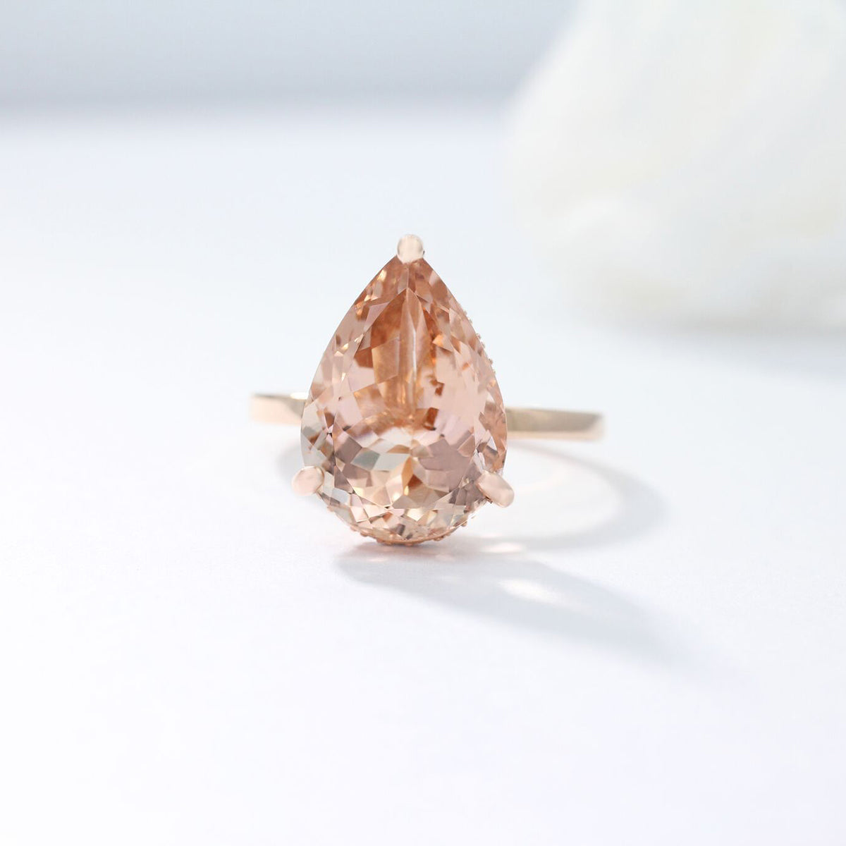Peach Morganite Side Diamond Halo Ring / Diamond Hidden Halo Ring / Engagement Rings / Statement Rings / Elegant Ring for Her
