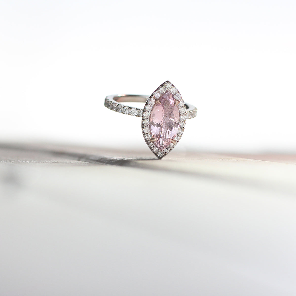 Marquise Cut Morganite Ring – 1.38 Ct Diamond Halo in 14K Gold