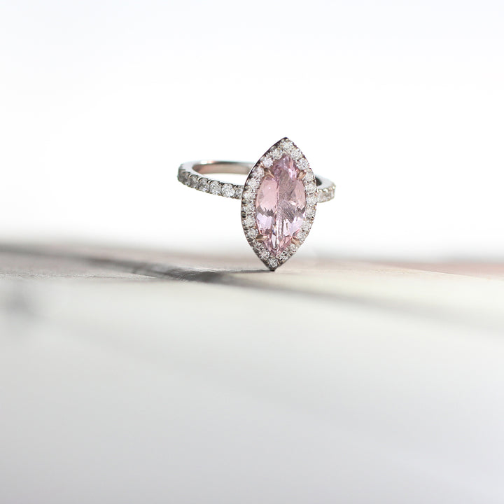 Marquise Cut Morganite Diamond Halo Ring / Natural Diamond Halo and band / White Gold / Rose Gold / Yellow Gold / Unique Ring