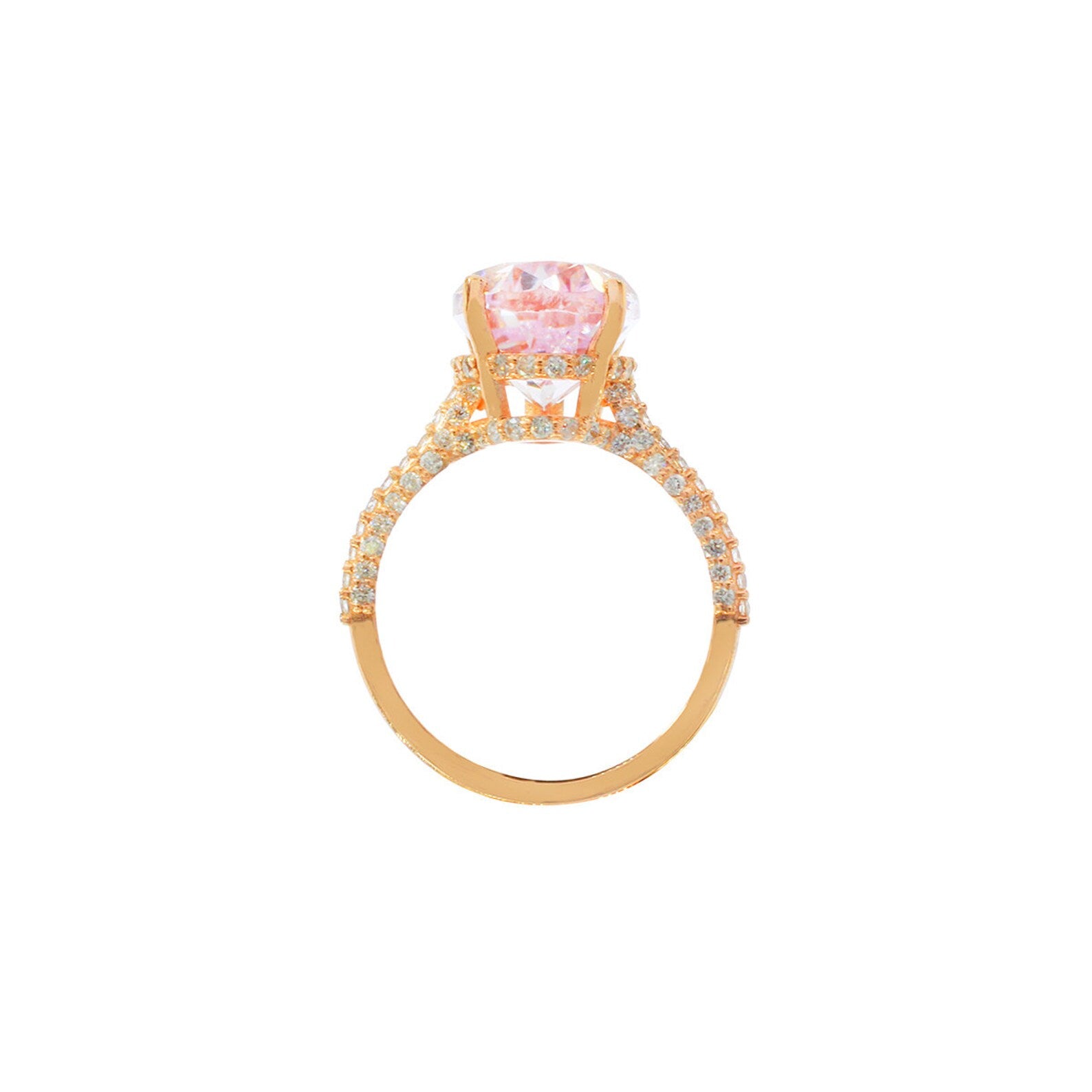 “Kunzite Halo Ring side view – rose gold band with diamond double halo”