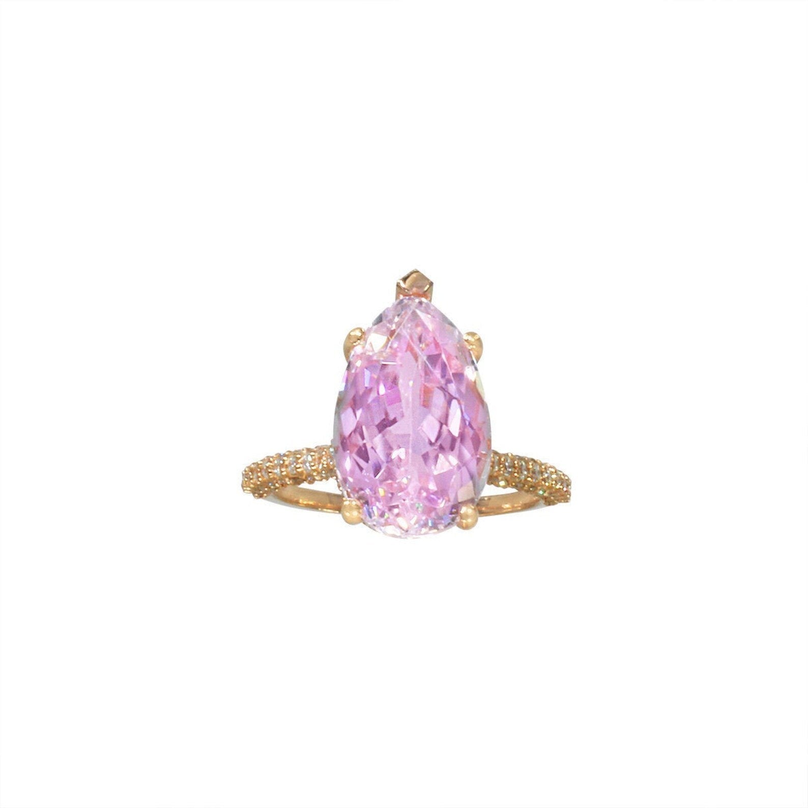 “Kunzite Halo Ring – pear shape lavender kunzite with diamond double halo in rose gold”