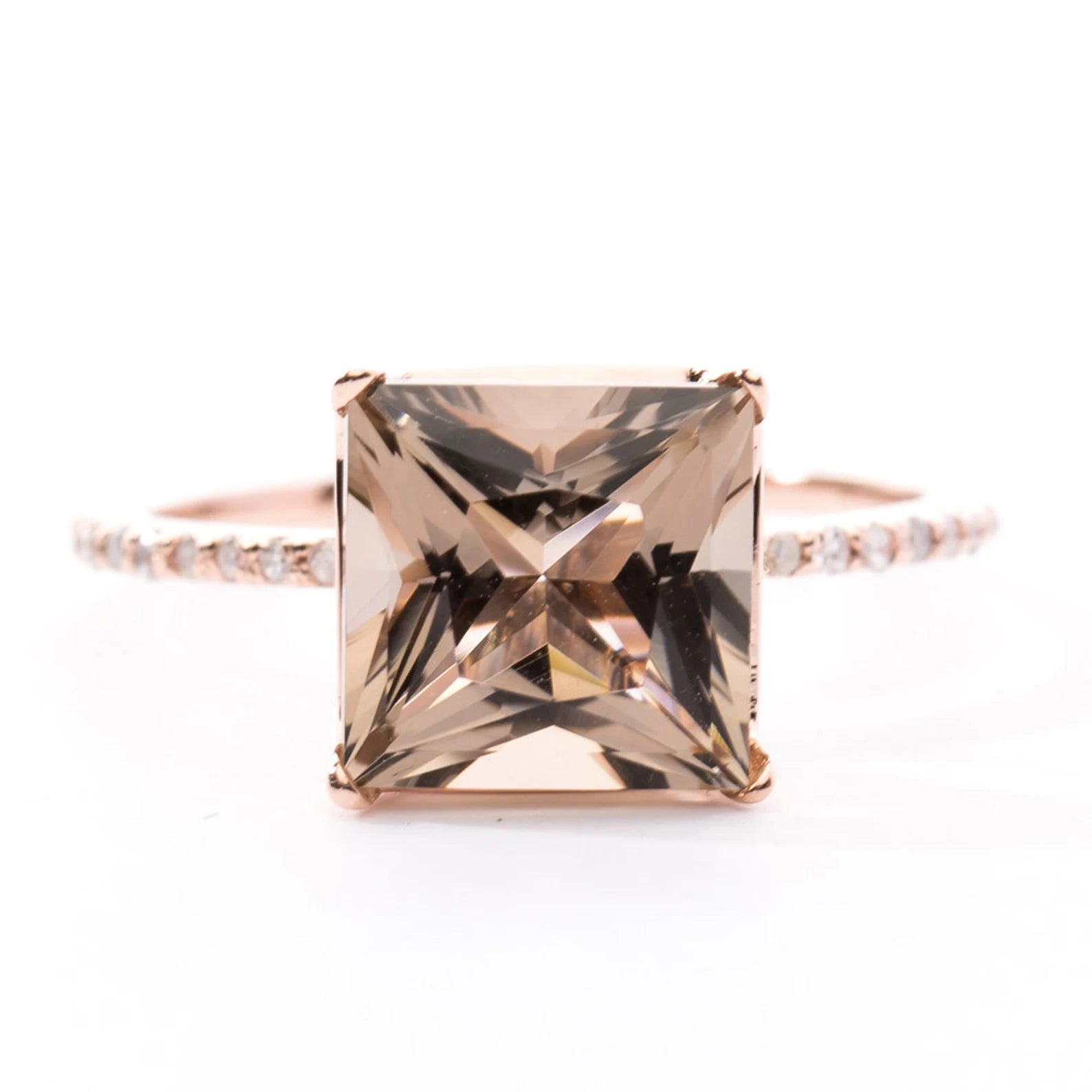 Princess cut smoky quartz ring with diamond pave